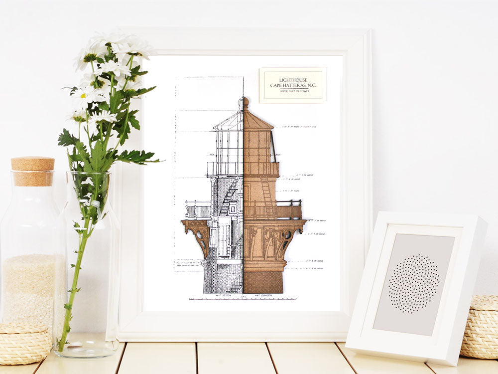 Cape Hatteras lighthouse blueprint art, nautical decor