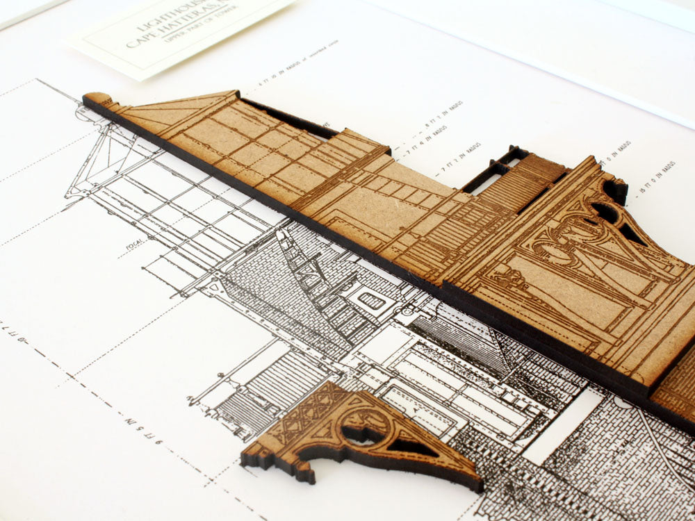 Cape Hatteras lighthouse blueprint art, nautical decor