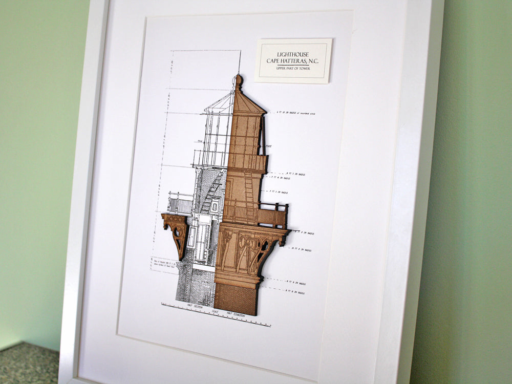 Cape Hatteras lighthouse blueprint art, nautical decor