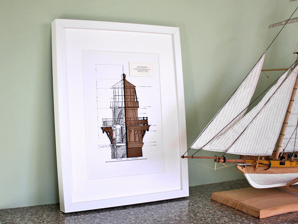 Cape Hatteras lighthouse blueprint art, nautical decor