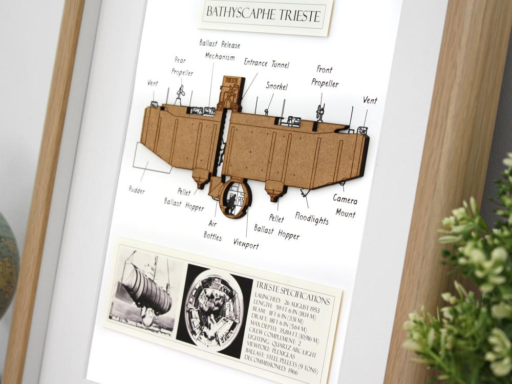 Balthyscaphe Trieste submarine art, oceanographer gift