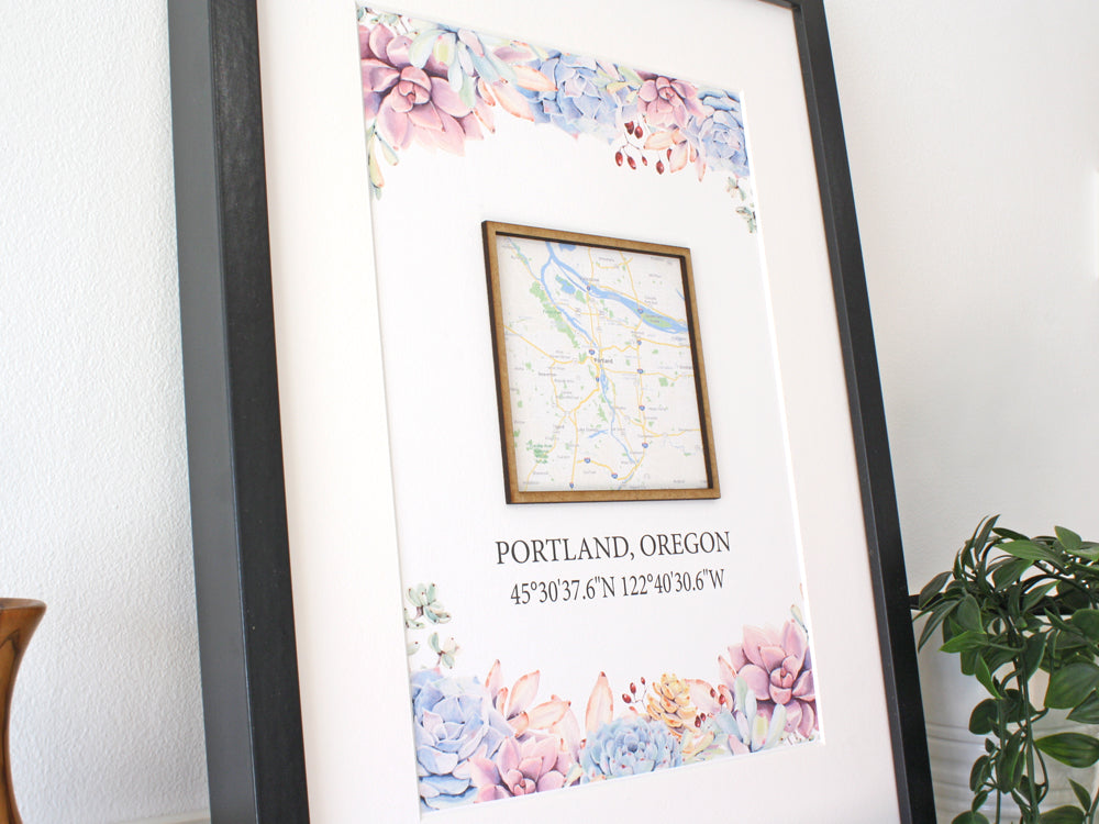 Custom Coordinates & Map, Succulent Home Decor