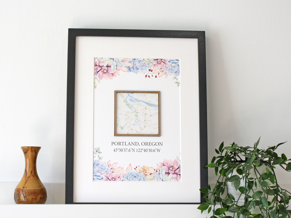 Custom Coordinates & Map, Succulent Home Decor