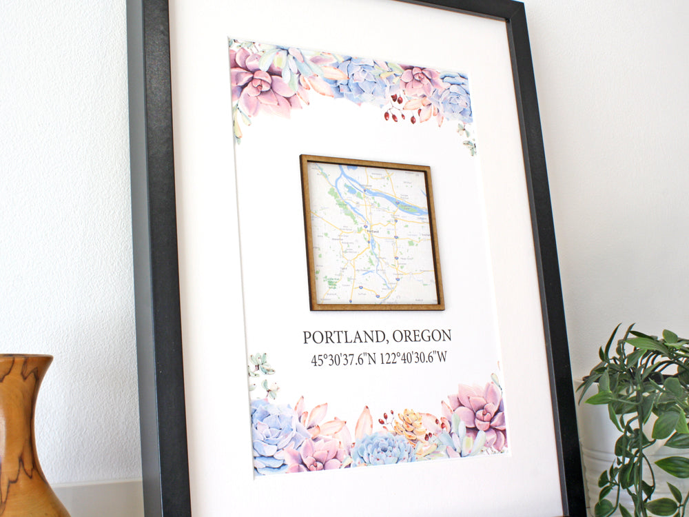 Custom Coordinates & Map, Succulent Home Decor