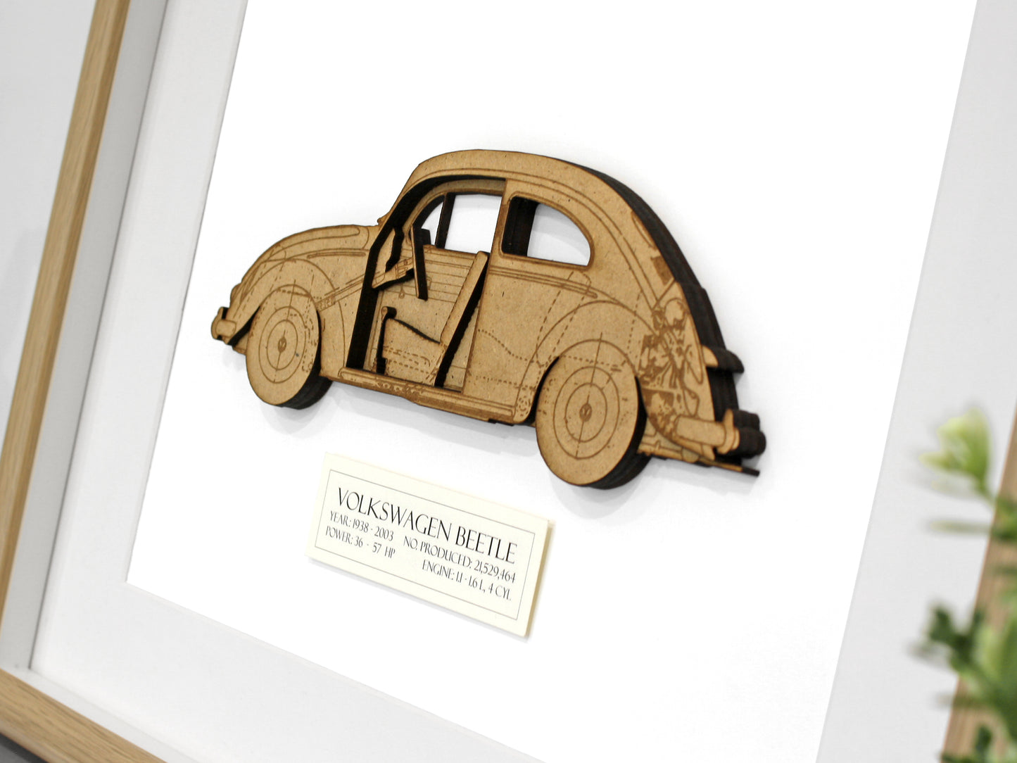 VW Beetle car art, laser cut wood blueprint