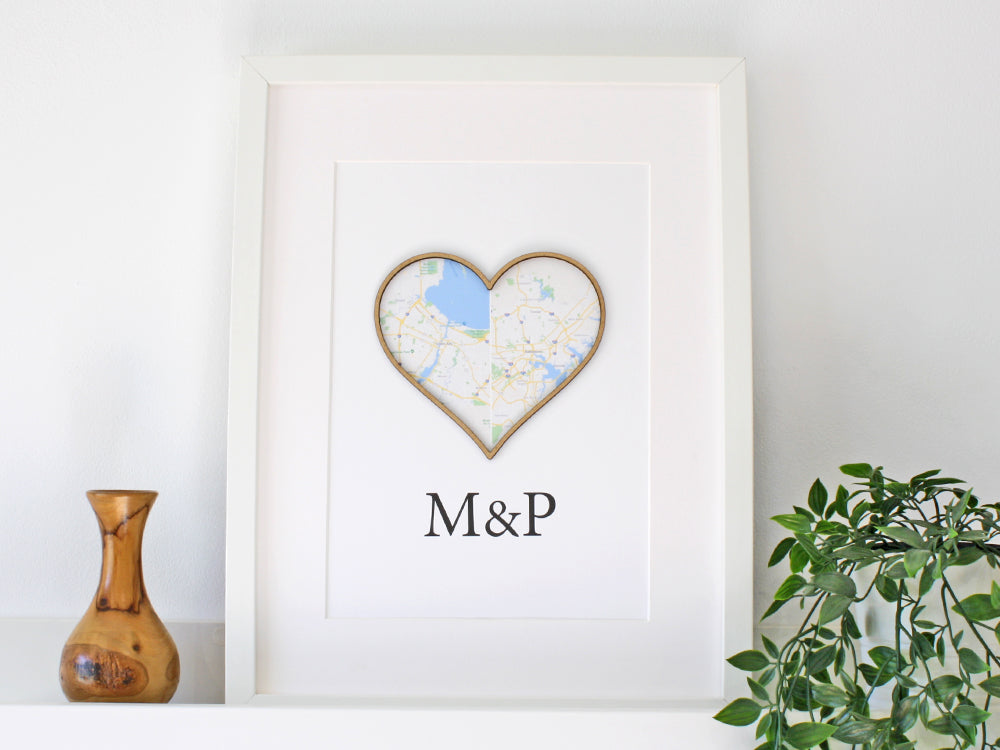 map and monogram, anniversary gift