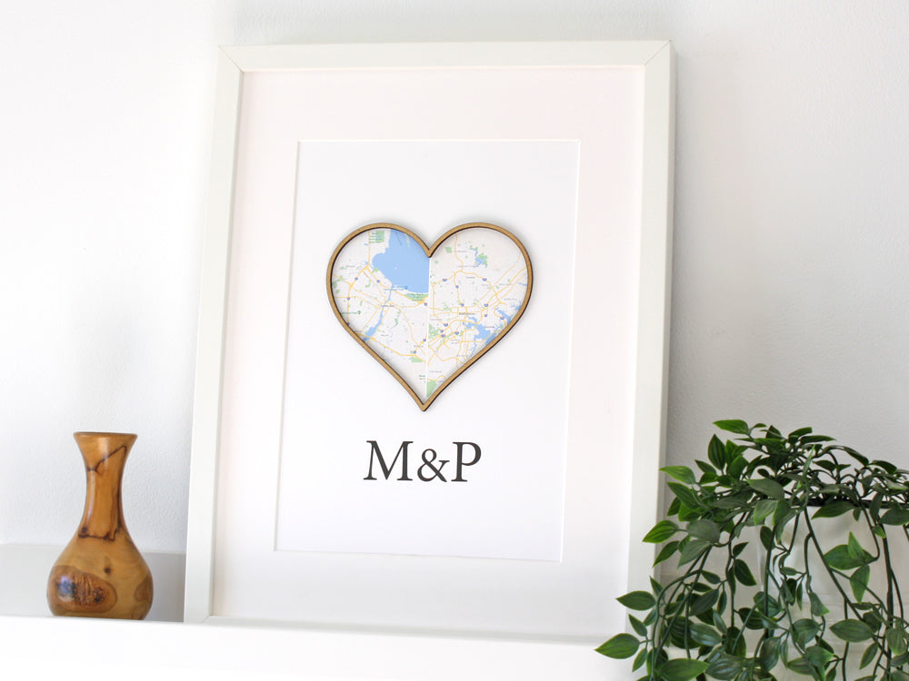 map and monogram, anniversary gift