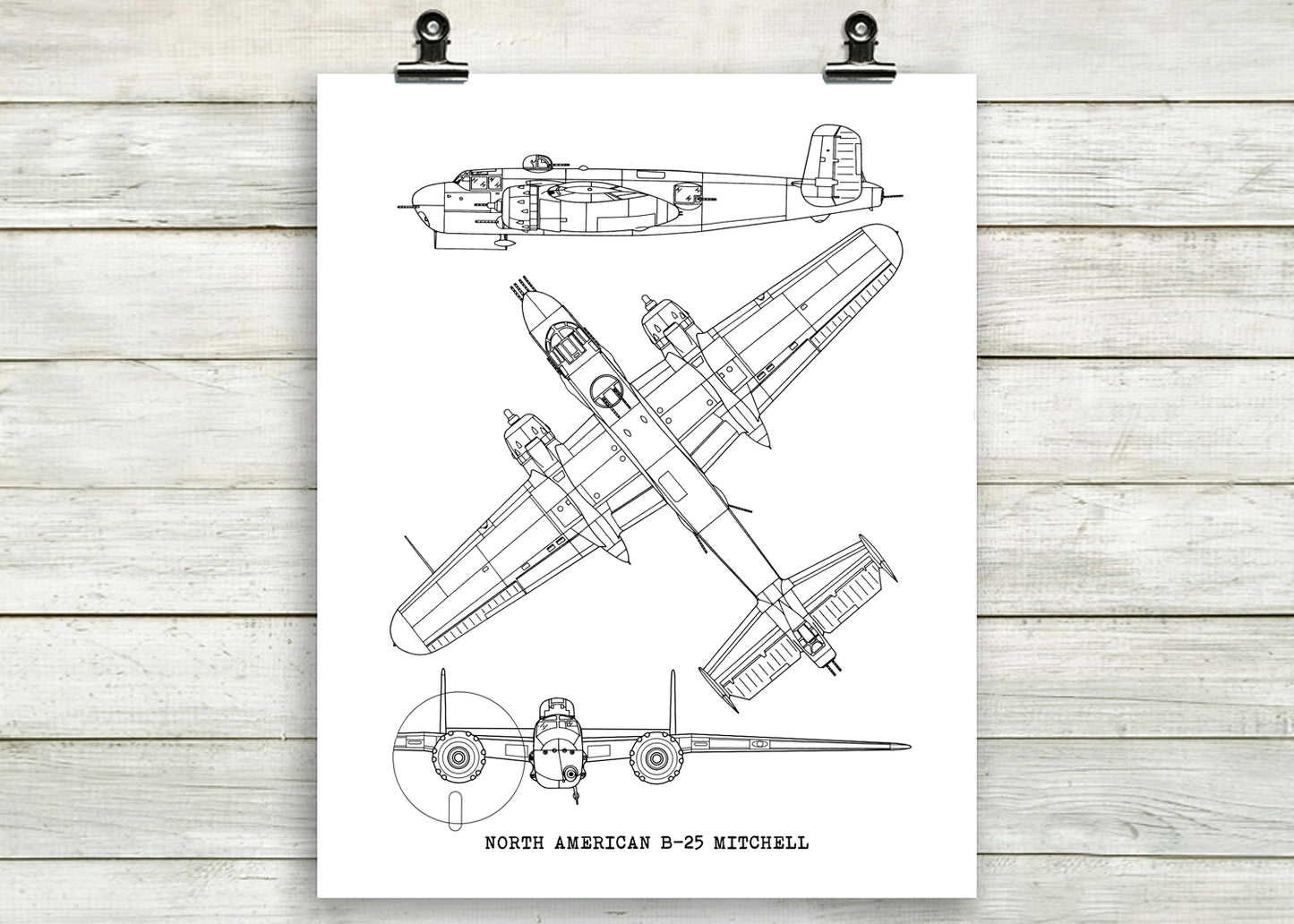 B-25 Mitchell blueprint art, aviation gift