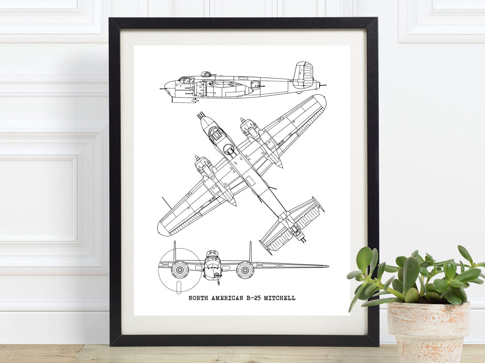 B-25 Mitchell blueprint art, aviation gift